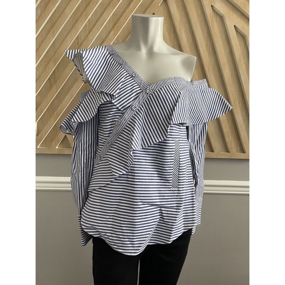 SELF-PORTRAIT Striped Off Shoulder Asymmetric Frill Shirt - Size 2 - Picture 5 of 12